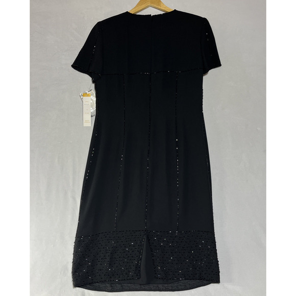 Maggy London Chiffon Sequin Dress 6 Black Midi Short Sleeve Classic Elegant - Picture 3 of 13